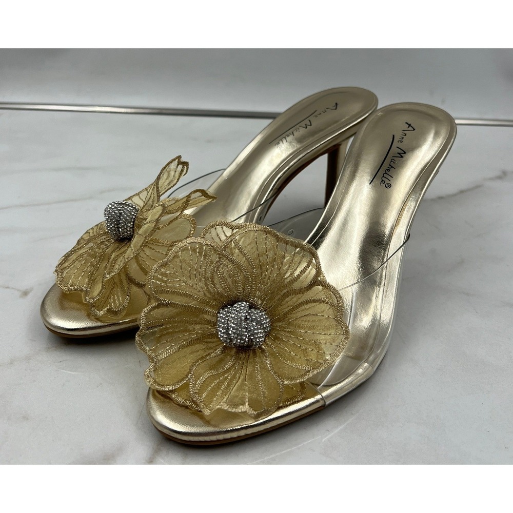 Anne Michelle Heels Women's Size 7 Gold Metallic Kitten Slides Heel Flower